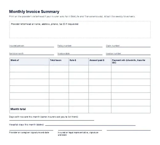 Monthly invoice summary