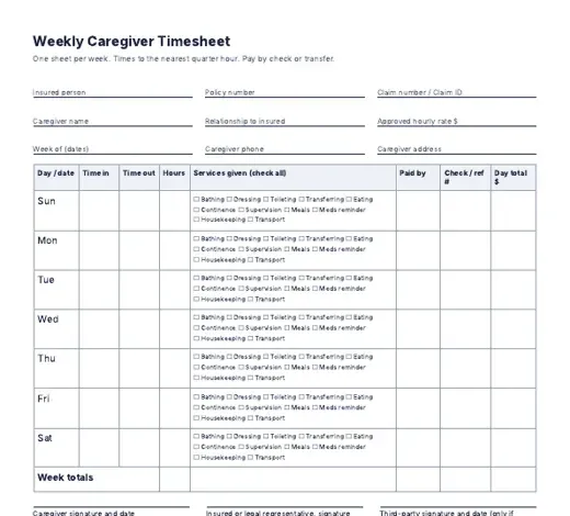 Weekly caregiver timesheet from the kit